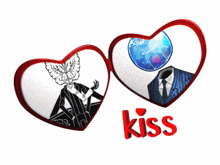 a pair of heart shaped glasses with the word kiss in red letters