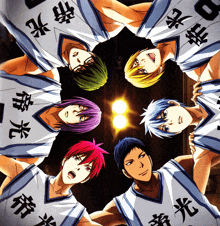 a group of basketball players are standing in a circle with chinese characters on their jerseys