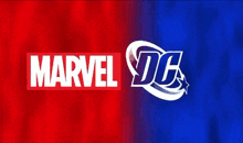 a red and blue background with the marvel and dc logos