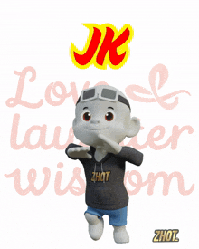 a cartoon character standing in front of a sign that says love laughter wisdom