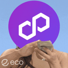 a woman is holding a stack of money in front of a purple circle with a white geometric symbol on it