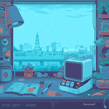 a pixel art drawing of a desk with a computer and a book by pixel jeff