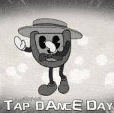 a poster for national tap dance day with a cartoon character wearing a hat