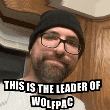 a man with a beard wearing glasses and a black beanie says " this is the leader of wolfpac "