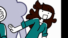 a cartoon drawing of a woman in a blue shirt with a surprised look on her face