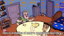 a cartoon of buzz lightyear sitting at a table with a teapot and a man sleeping
