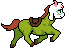 a pixel art illustration of a green horse with a brown saddle and a red mane .