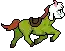 a pixel art illustration of a green horse with a brown saddle and a red mane .
