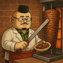 a man with glasses and a mustache is holding a knife and a bowl of food