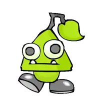 a cartoon drawing of a pear with big eyes and a leaf on its head