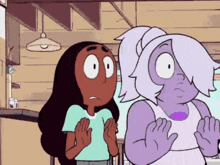 two cartoon characters are standing next to each other in a kitchen