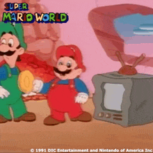 a cartoon of mario and luigi with super mario world written on the bottom