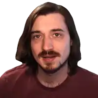 a man with long hair and a beard looks at the camera