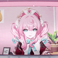 a girl with pink hair and a bow on her shirt