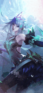 a girl with a crown on her head is holding a sword in her hand