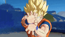 a close up of a cartoon character 's hand covering his face