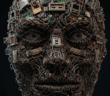 a sculpture of a face made of wires and circuit boards including one that says ' ii ' on it