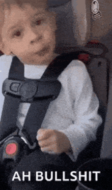 a young boy is sitting in a car seat with a seat belt on .