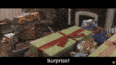 a living room filled with lots of presents with surprise written on the bottom