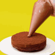a person is frosting a chocolate cake with a pink frosting bag