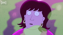 a cartoon drawing of a woman with purple hair and earrings with the words [ as ] on the bottom right