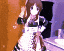 a girl in a maid outfit is standing in a bathroom