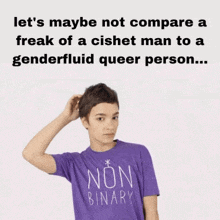 a woman wearing a purple non binary shirt