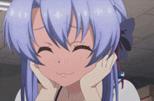 a girl with blue hair is making a face with her hands on her face