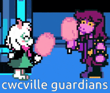a pixel art of a sheep and a girl holding cotton candy and the words cwcville guardians below them .