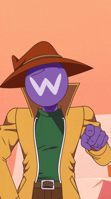 a cartoon character with a hat and a purple head with a white w on it