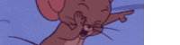 a close up of a cartoon mouse covering its mouth with its hand .