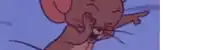 a close up of a cartoon mouse covering its mouth with its hand .
