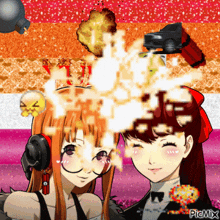 a couple of anime girls standing next to each other with a explosion behind them