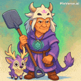 a cartoon illustration of a woman holding a shovel next to a small deer