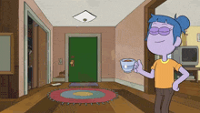 a cartoon character holding a cup of coffee in front of a green door