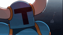 a cartoon character wearing a helmet with a t on it