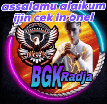a logo for bgk radja with a man in a white shirt