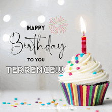 a birthday card for terrence with a cupcake with a lit candle