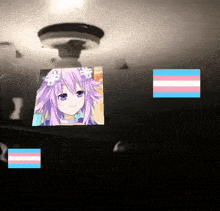 a picture of a girl with purple hair and a transgender flag behind her