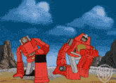 two red robots are standing next to each other with a wb logo on the bottom right