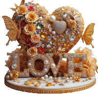 the word love is surrounded by gold flowers and diamonds