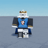 a cartoon character wearing a crown and a shirt with the letter r on it