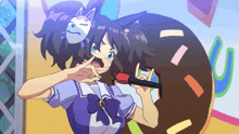 a girl with a mask on her face is holding a microphone in her hand