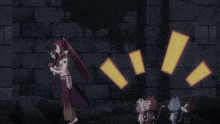 a group of anime characters are standing in front of a brick wall and one of them has a surprised look on his face