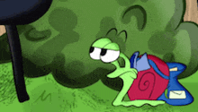 a cartoon of a snail with a backpack and envelope on its back