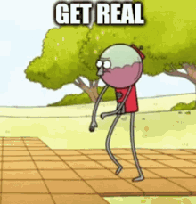a cartoon character is dancing on a tiled floor with the words `` get real '' written above him .
