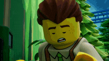 a close up of a lego character with a tired look on his face