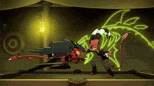 two cartoon characters are standing on a pool table with a target in the background