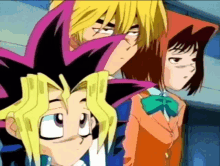 a group of anime characters are standing next to each other and one of them is wearing a red hood
