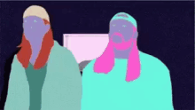 a cartoon of two people standing next to each other with one wearing a hat
